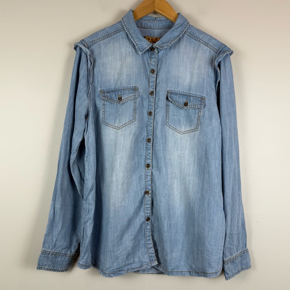 Matilda Jane Good Hart Shirt Women M Blue Chambray Long Sleeve Button-Up Classic